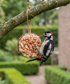 Specht eet uit halve gevulde kokosnoot met pinda's in de tuin