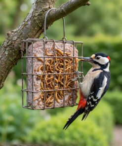 Grote bonte specht eet vetblok met meelwormen uit houder