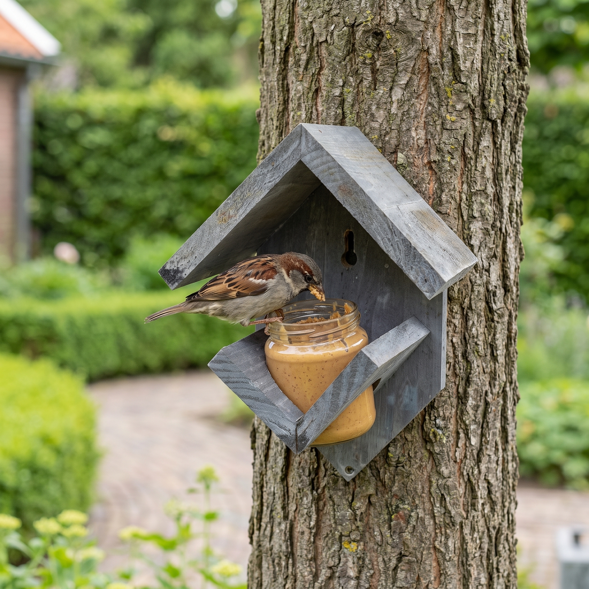 Huismus eet vogelpindakaas uit grijze pothouder