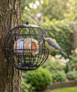 Pimpelmees eet vogelpindakaas uit pothouder Iris