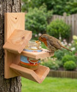 Roodborstje eet vogelpindakaas uit vuren pothouder van het startpakket