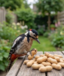 Grote bonte specht eet premium doppinda's van de voedertafel