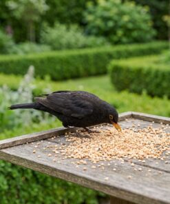Merel eet Premium Pindastukjes van de voedertafel