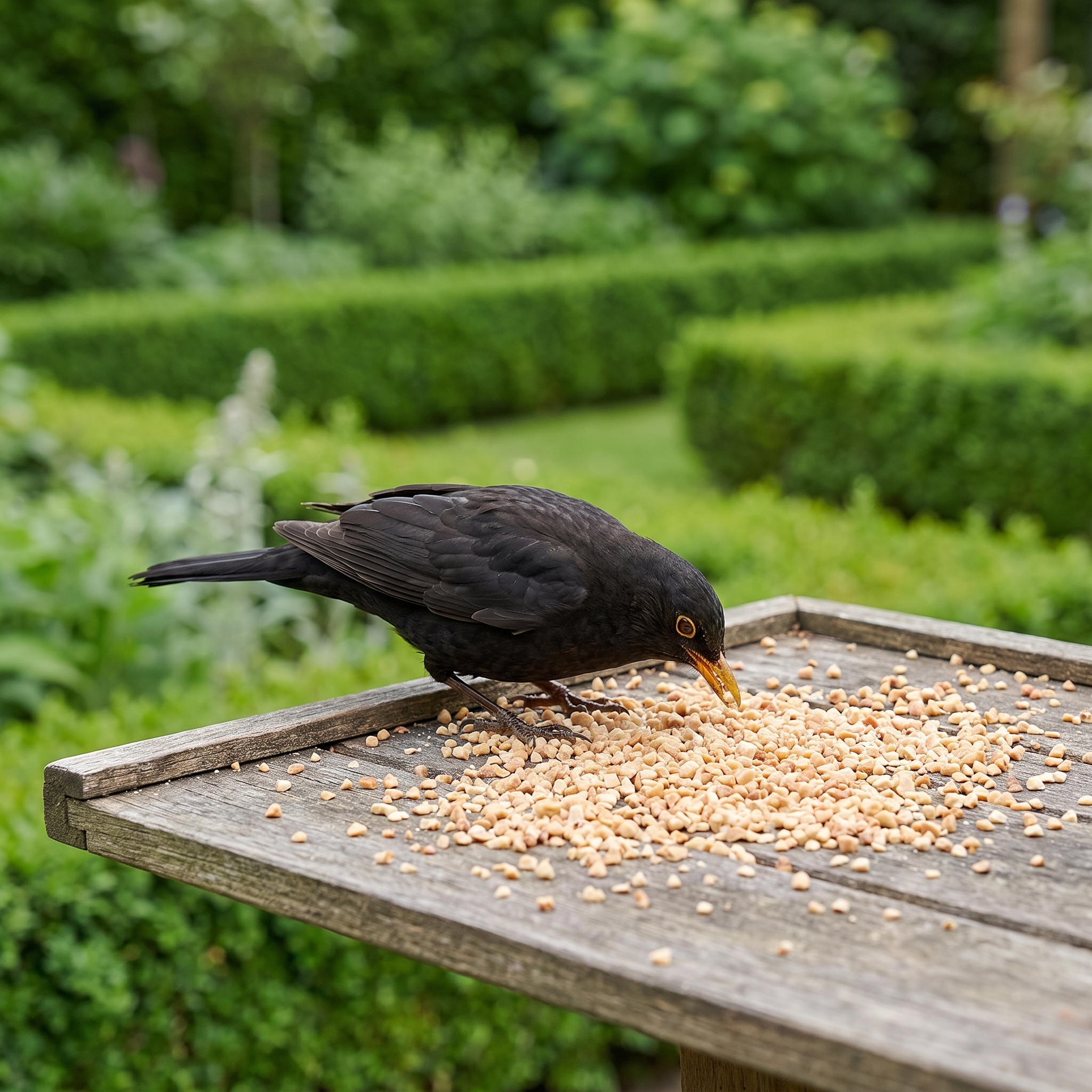 Merel eet Premium Pindastukjes van de voedertafel