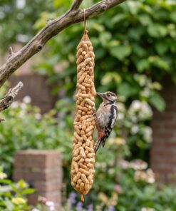 Grote bonte specht eet van hangende doppindaslinger