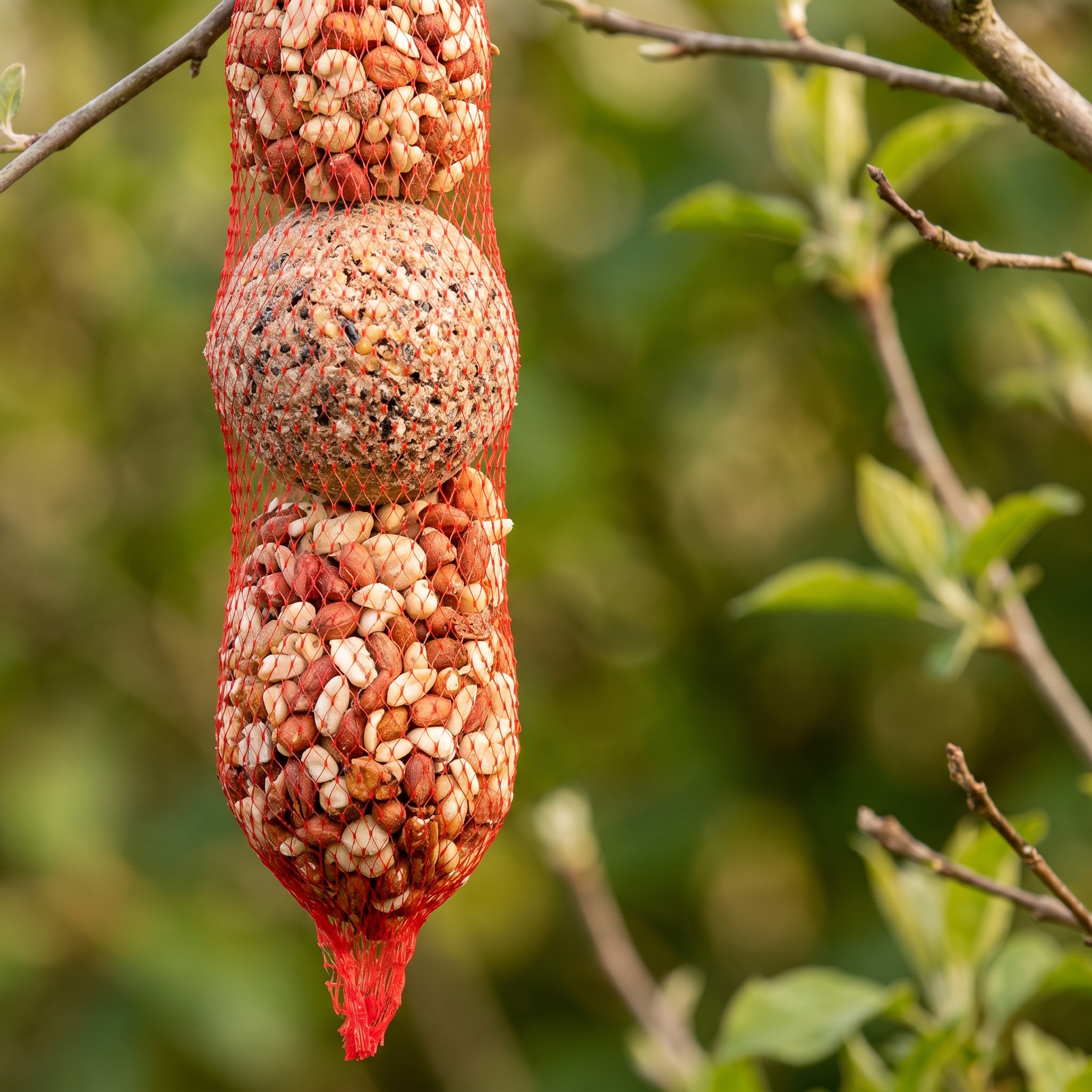 Close-up van pindaslinger met mezenbollen