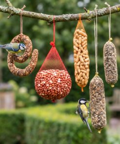 Mezen eten van vogelvoerslingers uit het grote slingerpakket