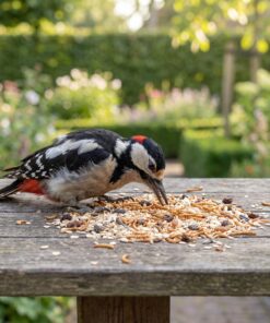 Grote bonte specht eet Strooivoer Excellent Muesli, Rozijn en Meelworm van de voedertafel