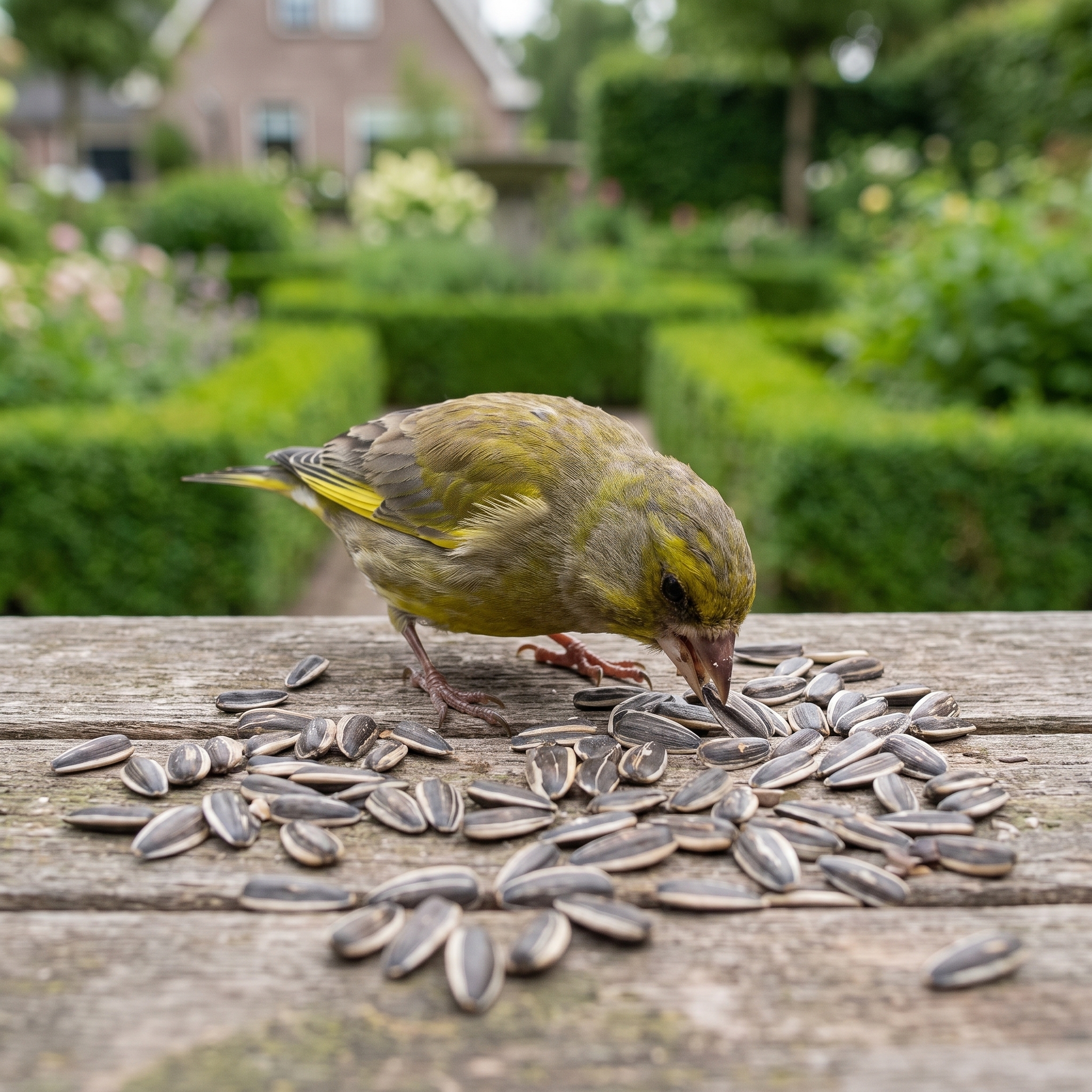 Groenling eet gestreepte zonnebloempitten van de voedertafel