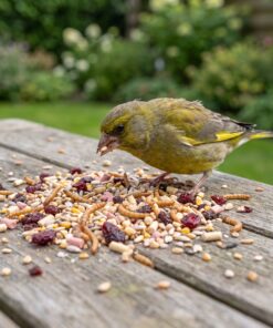 Groenling eet Strooivoer High Energy Plus Prestige van de voedertafel