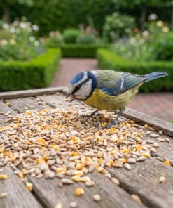 Pimpelmees eet Strooivoer onkruidvrij van de voedertafel