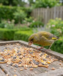 Groenling eet Strooivoer Supra met meelwormen van de voedertafel
