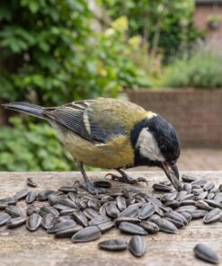 Koolmees eet zwarte zonnebloempitten van de voedertafel
