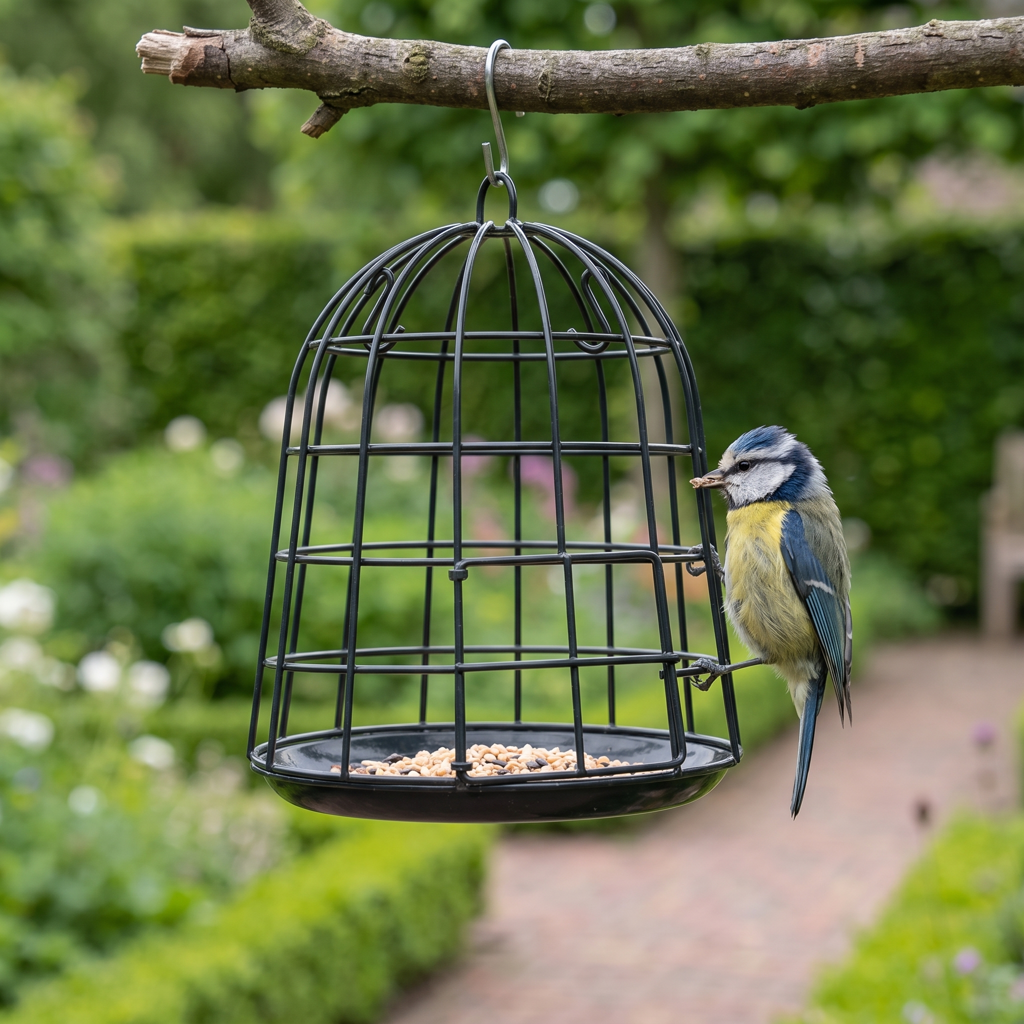 Pimpelmees eet uit vogelvoerhouder Milan