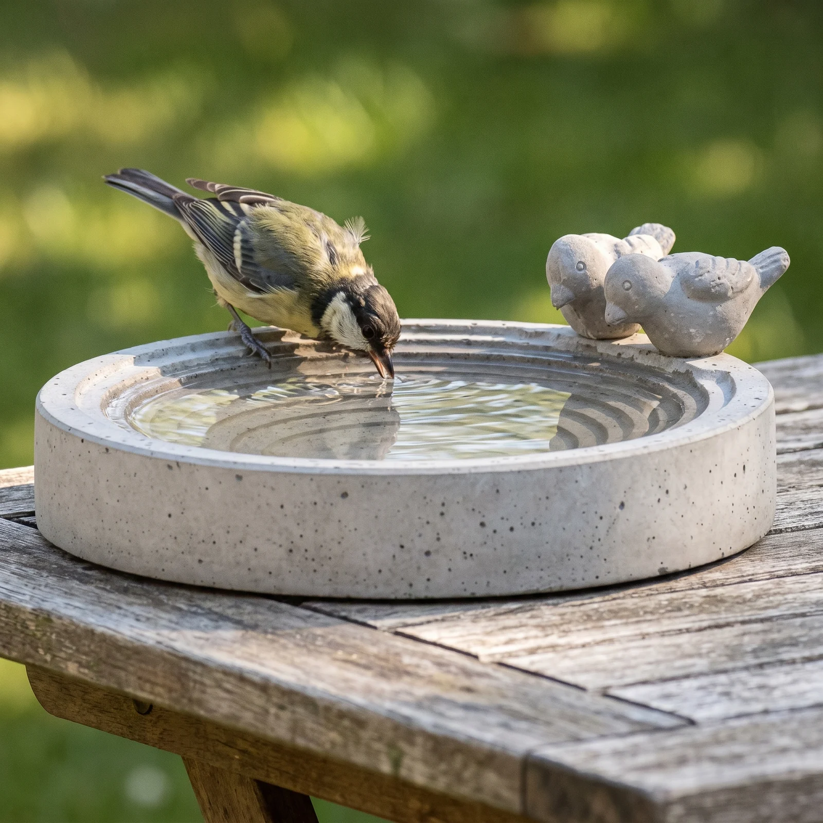 Koolmees drinkt uit een betonnen vogelbad in de tuin