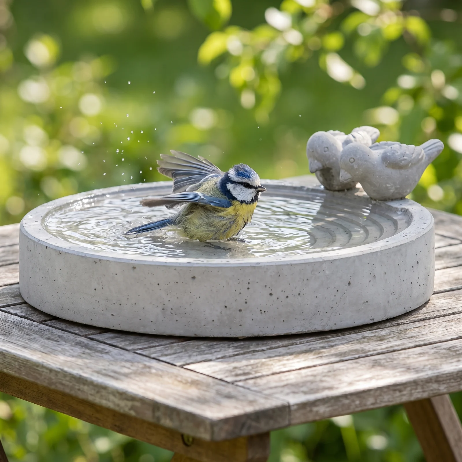 Pimpelmees bij een betonnen vogelbad