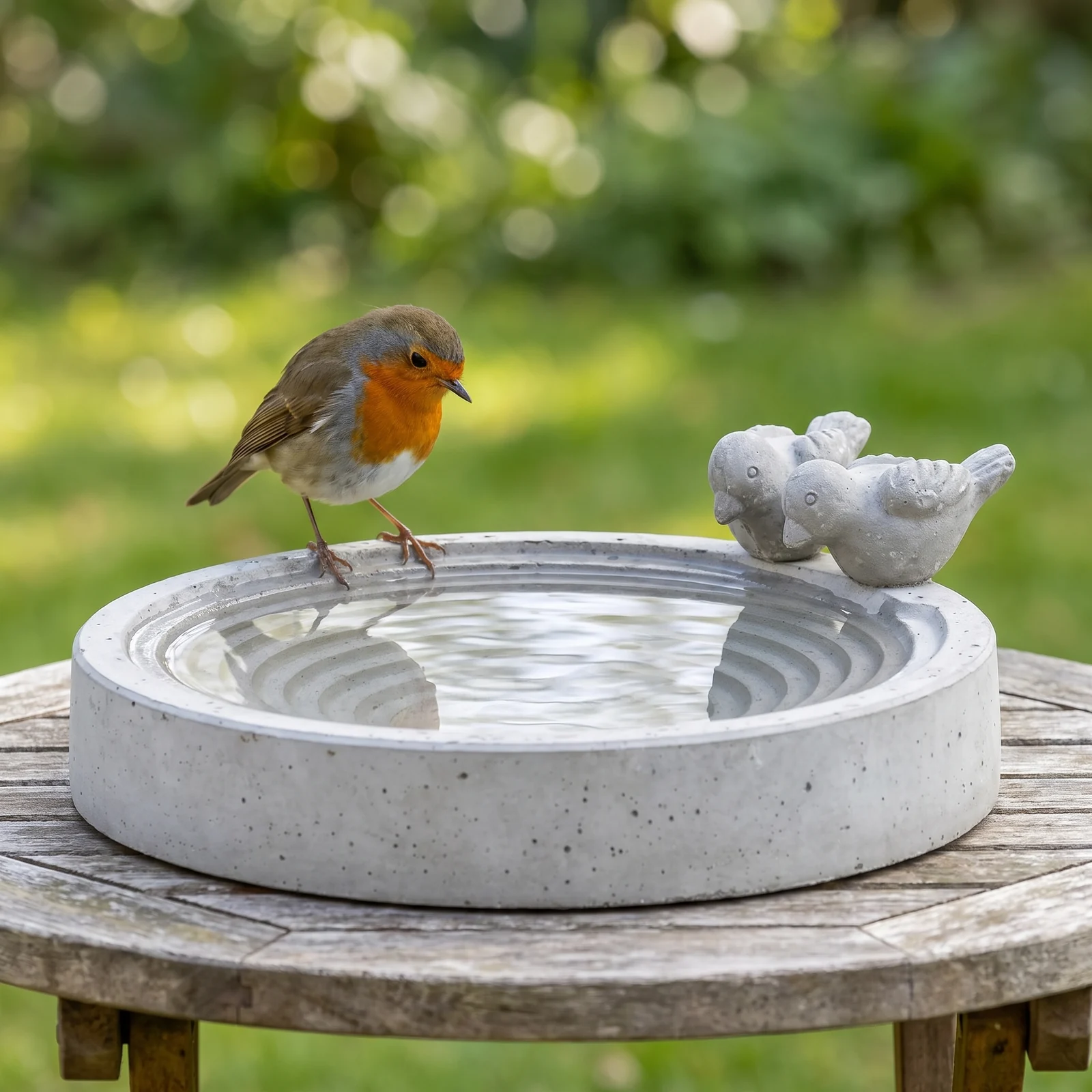 Roodborst op de rand van een betonnen vogelbad