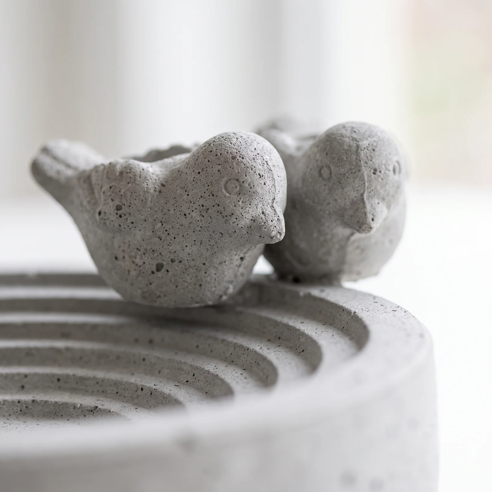 Detail van de vogelfiguren op het betonnen vogelbad