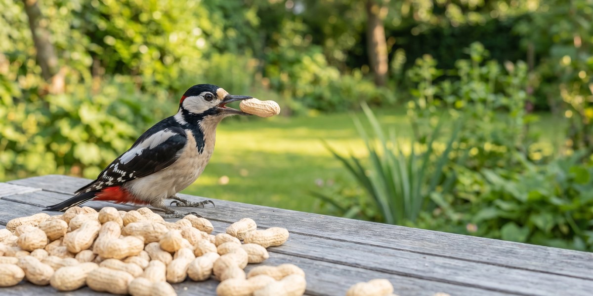 Grote bonte specht pakt pinda van houten tafel in tuin