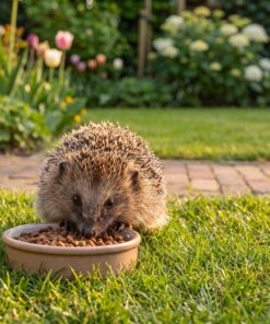 Egel bij een schaal Premium Egelvoer in de tuin