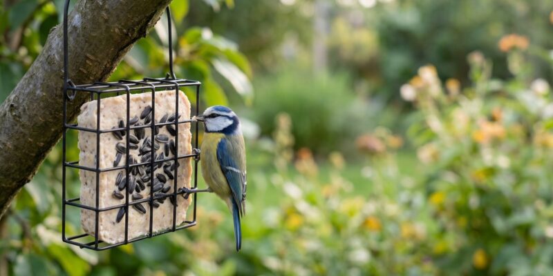 Pimpelmees eet van vetbol in vogelvoederhouder aan boom