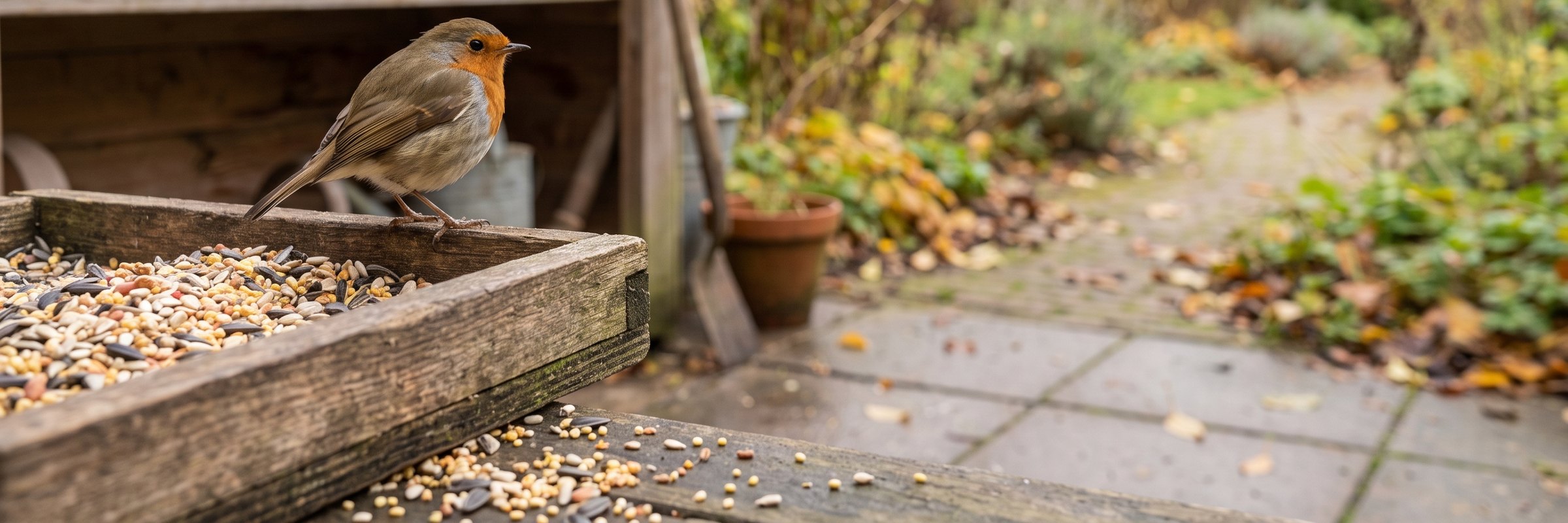 Roodborst op een voederbak vol strooivoer, met de wintervoorraad erachter